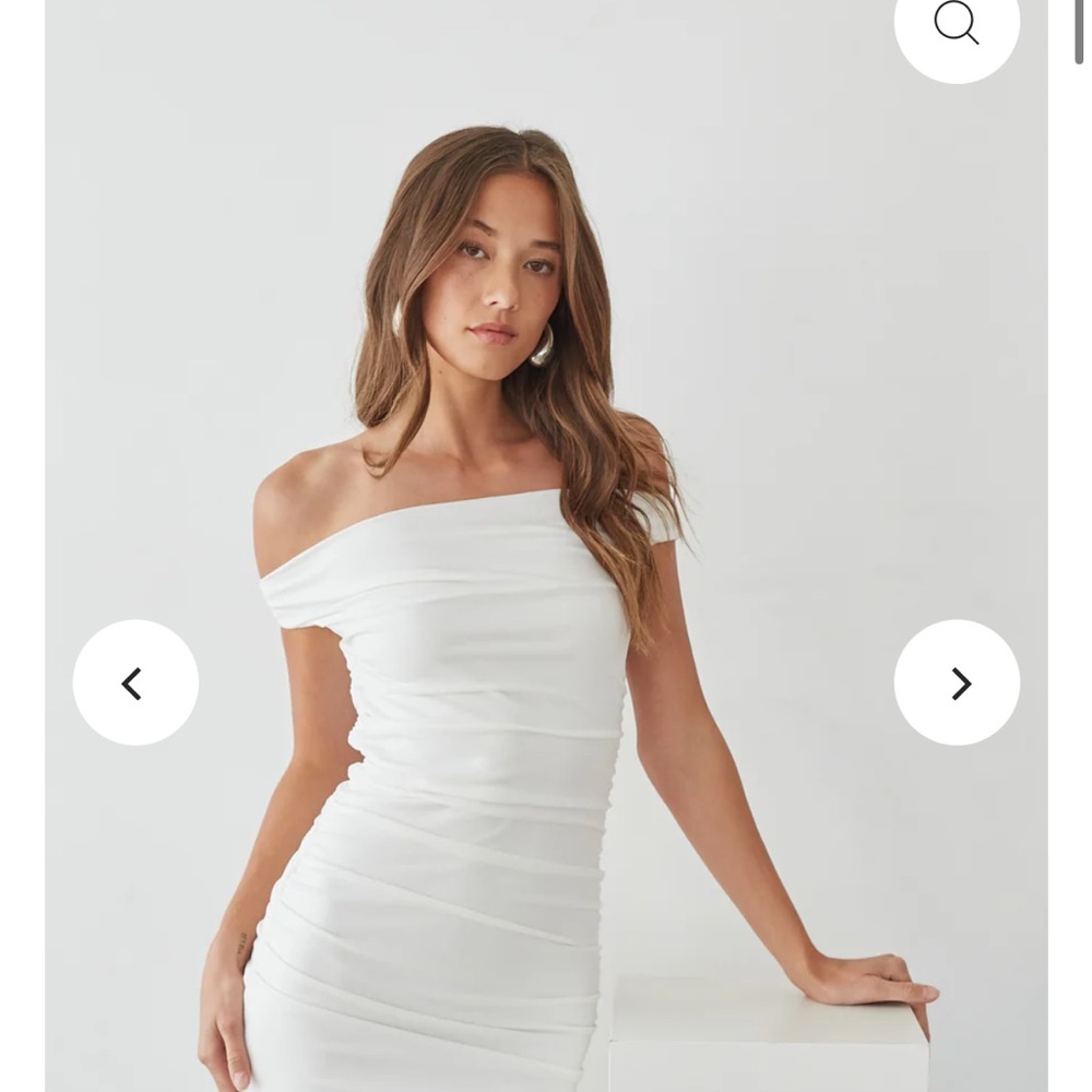 American Threads White Ruched Off-Shoulder Mini Dress